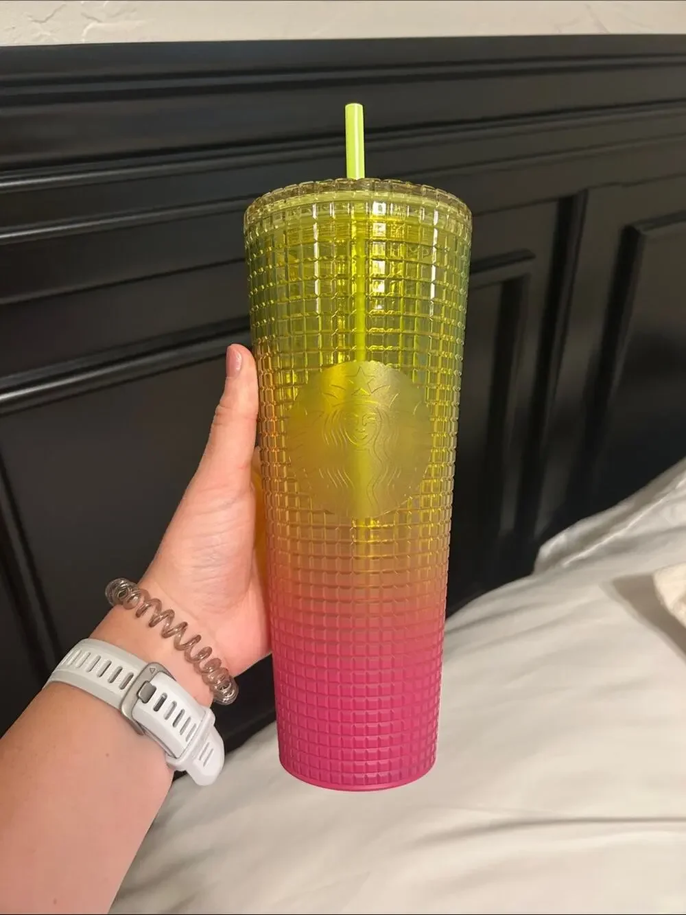Starbucks Yellow to Pink Ombre Grid Tumbler with Lime Straw